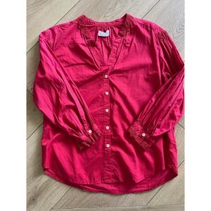 Velvet‎ by Spencer Red Lace Trim V Neck Button Up Long Sleeve Blouse Top XS